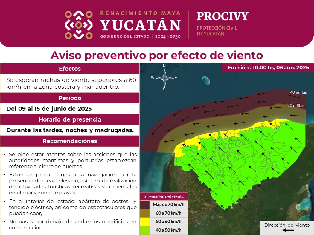 Protección Civil Yucatán alerta por fuertes vientos de hasta 60 km/h del 9 al 15 de junio; recomienda precaución en costas y zonas urbanas.