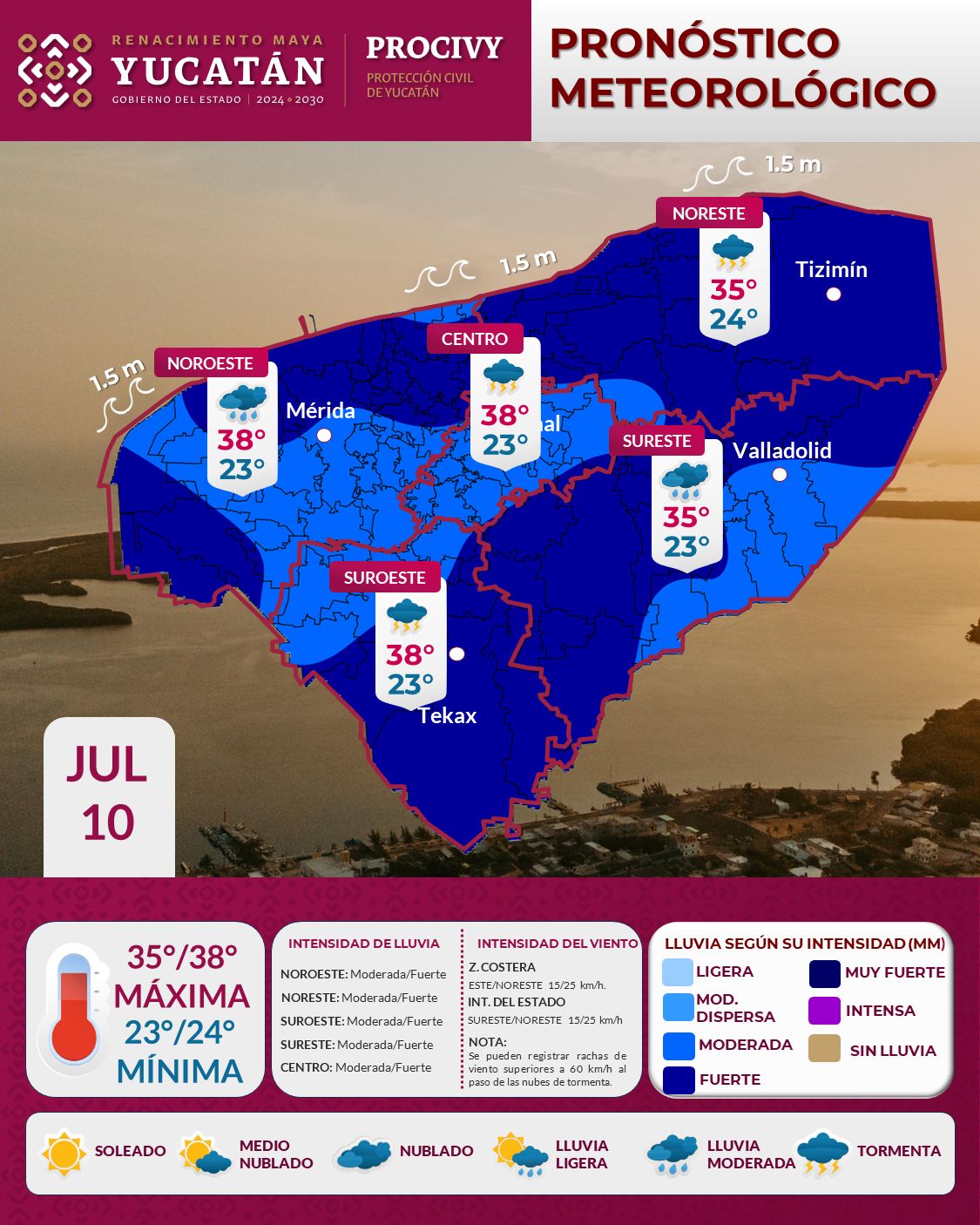 Lluvias fuertes y calor en Yucatán este jueves por Onda Tropical; afectará Mérida, Tizimín, Valladolid y más.