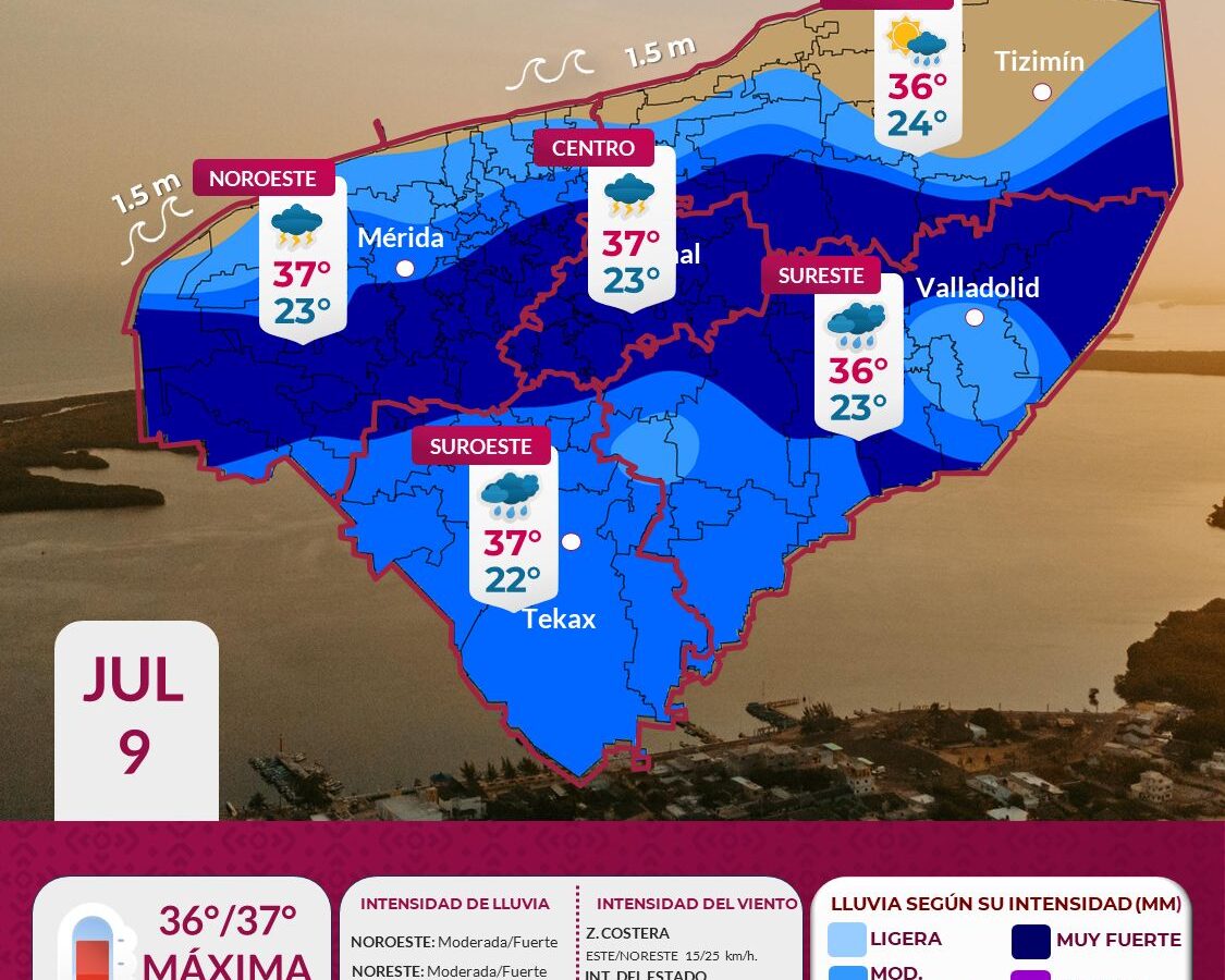 Pronostican lluvias fuertes y rachas de viento para este miércoles en Yucatán; Mérida y otros municipios podrían registrar tormentas.