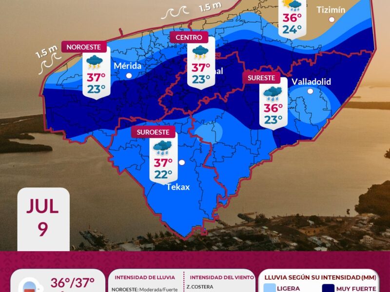 Pronostican lluvias fuertes y rachas de viento para este miércoles en Yucatán; Mérida y otros municipios podrían registrar tormentas.