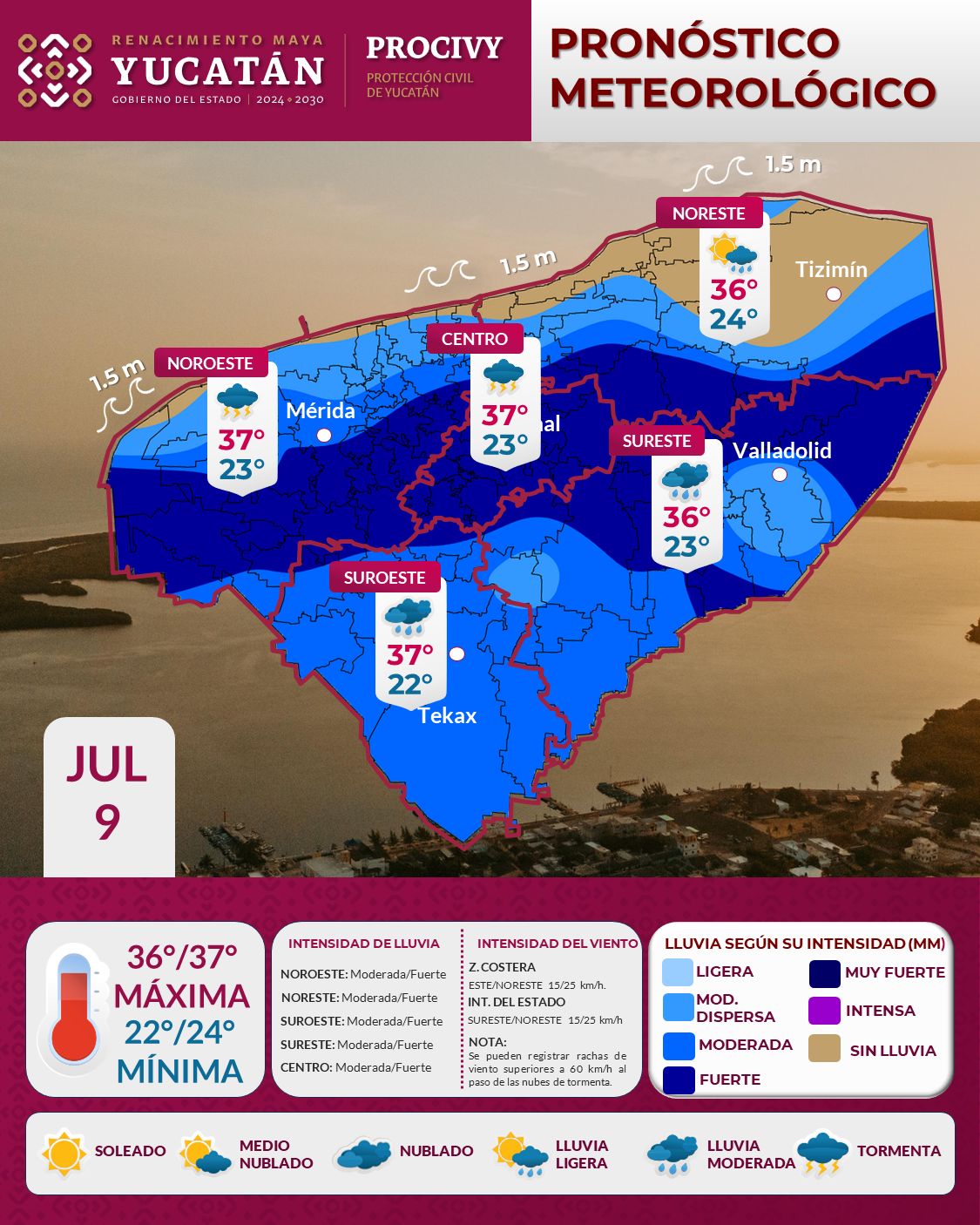 Pronostican lluvias fuertes y rachas de viento para este miércoles en Yucatán; Mérida y otros municipios podrían registrar tormentas.