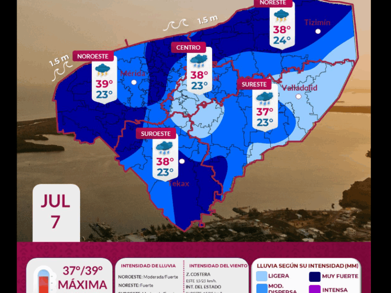 Lluvias y calor extremo en Yucatán por Onda Tropical 10 y aire marítimo tropical. Mérida alcanzará hasta 39°C.