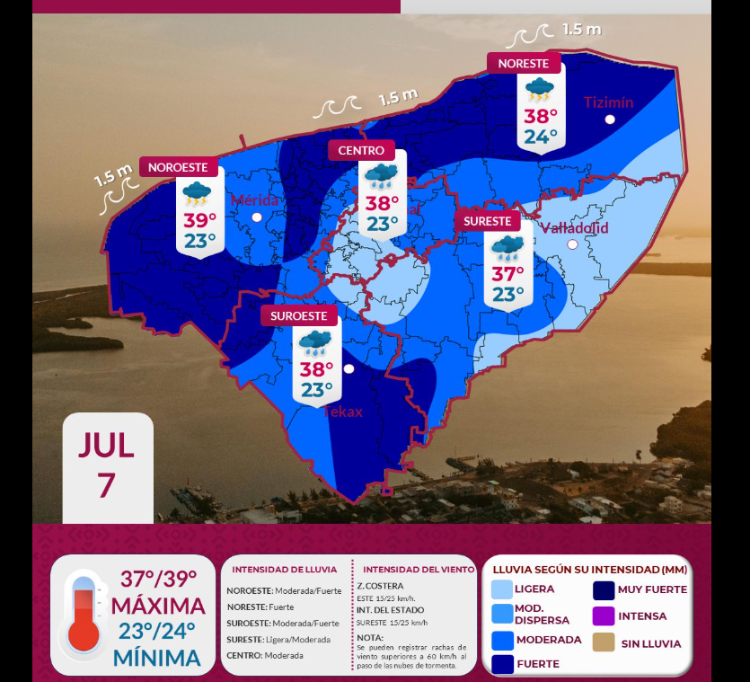 Lluvias y calor extremo en Yucatán por Onda Tropical 10 y aire marítimo tropical. Mérida alcanzará hasta 39°C.