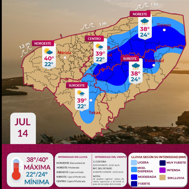 Clima caluroso en Yucatán y lluvias moderadas en algunos municipios este lunes, según Protección Civil y el SMN.