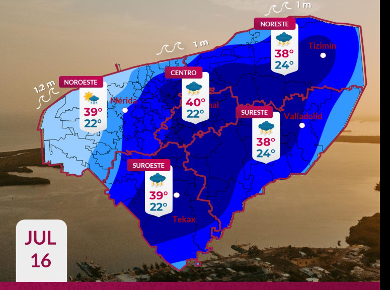 Protección Civil de Yucatán advierte lluvias fuertes y calor extremo este 16 de julio, con actividad eléctrica y rachas de viento.
