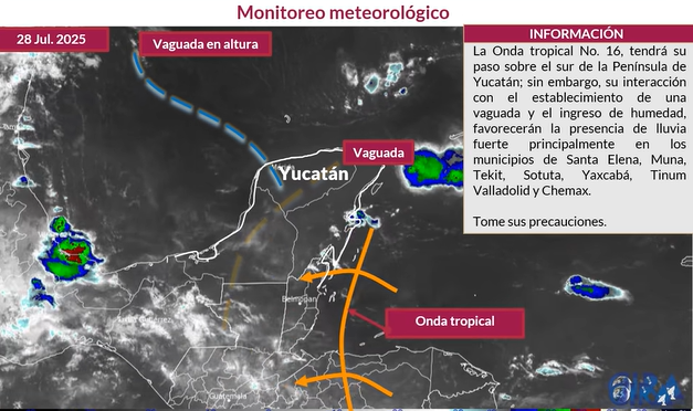 La Onda Tropical No. 16 provocará lluvias fuertes en municipios del sur de Yucatán. Tomen precauciones ante las condiciones climáticas.