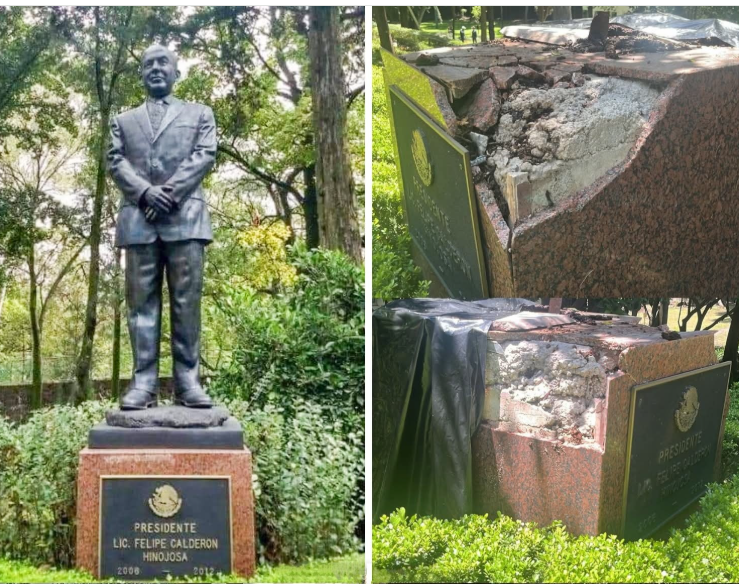 Cae estatua de Felipe Calderón en Los Pinos; Cultura evalúa daños tras lluvias. Monumento costó más de medio millón de pesos.