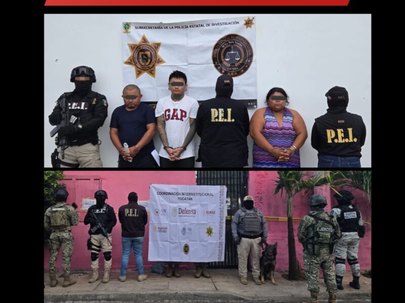 SSP detiene a tres personas por narcomenudeo en Yucatán; aseguran 2.12 kg de cannabis y 95 g de cristal en la colonia Guadalupana.
