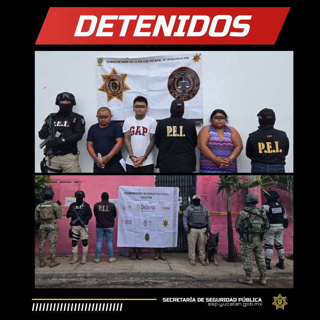 SSP detiene a tres personas por narcomenudeo en Yucatán; aseguran 2.12 kg de cannabis y 95 g de cristal en la colonia Guadalupana.