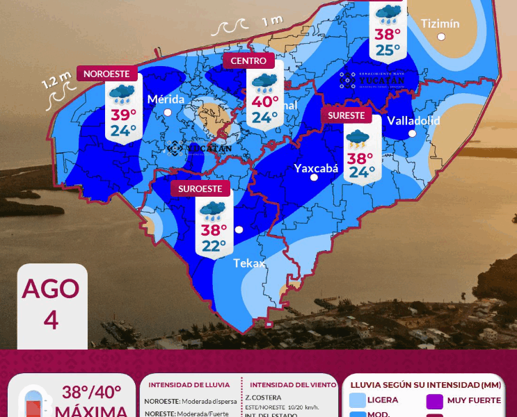 Lluvias moderadas y fuertes, viento con rachas y temperaturas altas en Yucatán este 4 de agosto. Tormenta tropical Dexter no afecta.
