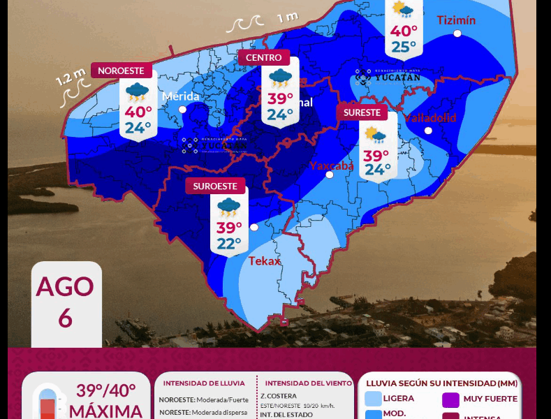 Pronostican lluvias y calor extremo en Yucatán este 6 de agosto, advierte Protección Civil. Piden extremar precauciones.