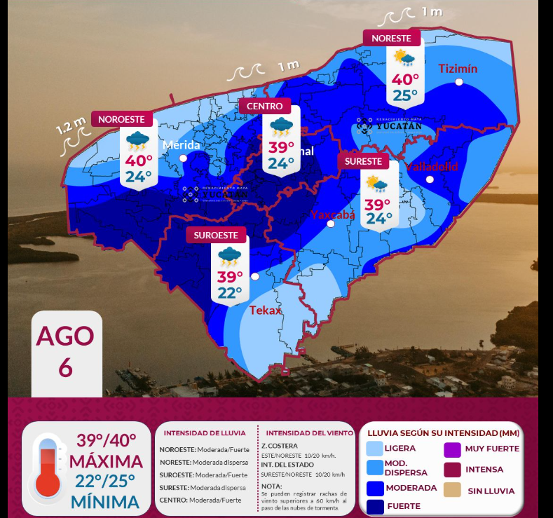 Pronostican lluvias y calor extremo en Yucatán este 6 de agosto, advierte Protección Civil. Piden extremar precauciones.