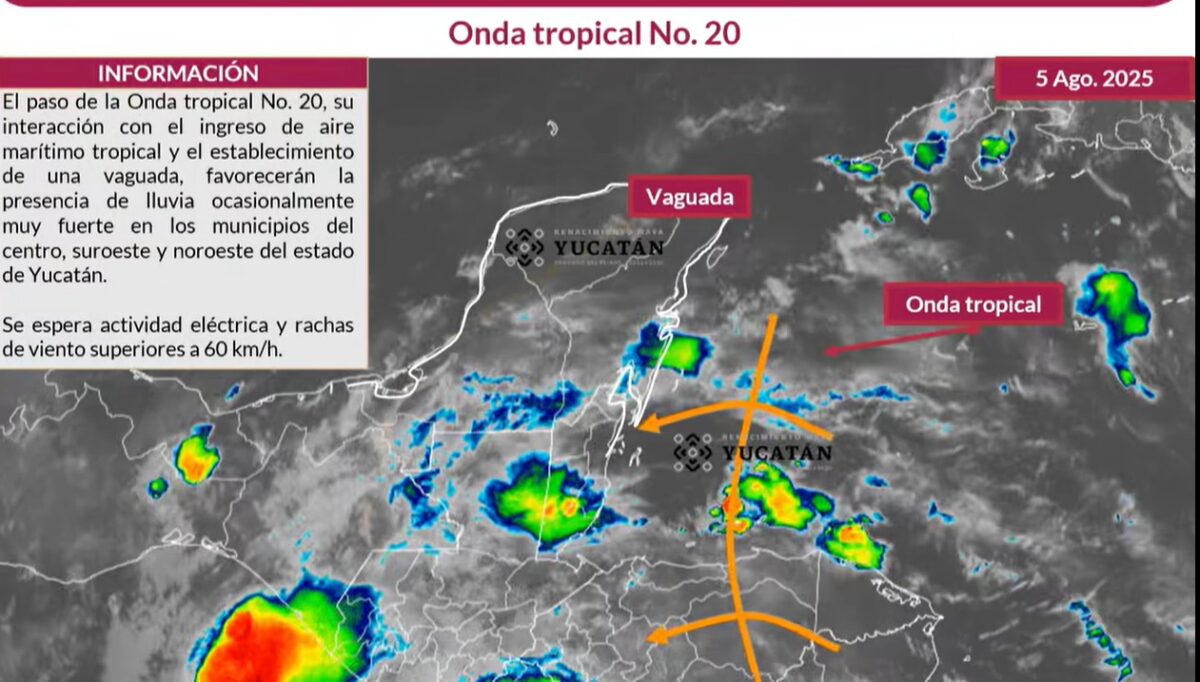 Lluvias fuertes, vientos de 60 km/h y calor extremo se prevén en Yucatán por Onda Tropical No. 20, alerta Protección Civil.
