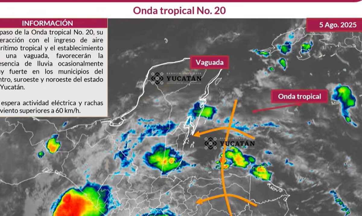 Lluvias fuertes, vientos de 60 km/h y calor extremo se prevén en Yucatán por Onda Tropical No. 20, alerta Protección Civil.