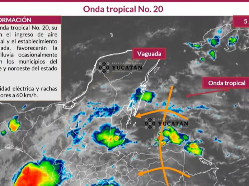 Lluvias fuertes, vientos de 60 km/h y calor extremo se prevén en Yucatán por Onda Tropical No. 20, alerta Protección Civil.