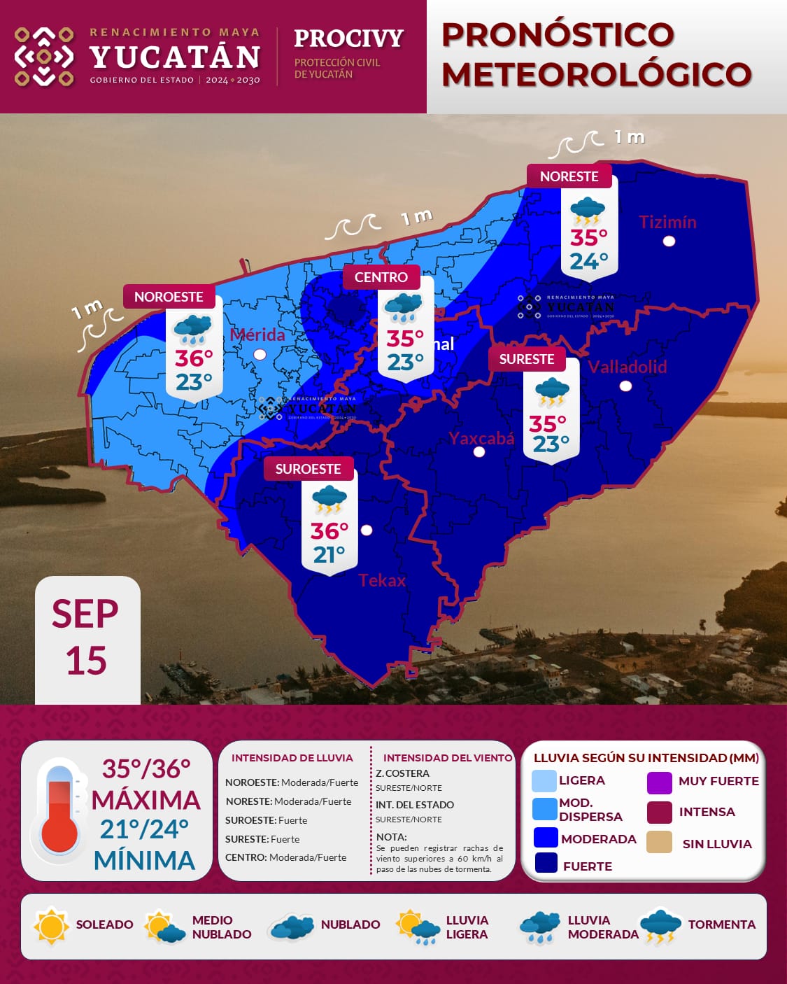 Lluvias fuertes y calor marcarán el clima en Yucatán hoy, 15 de septiembre