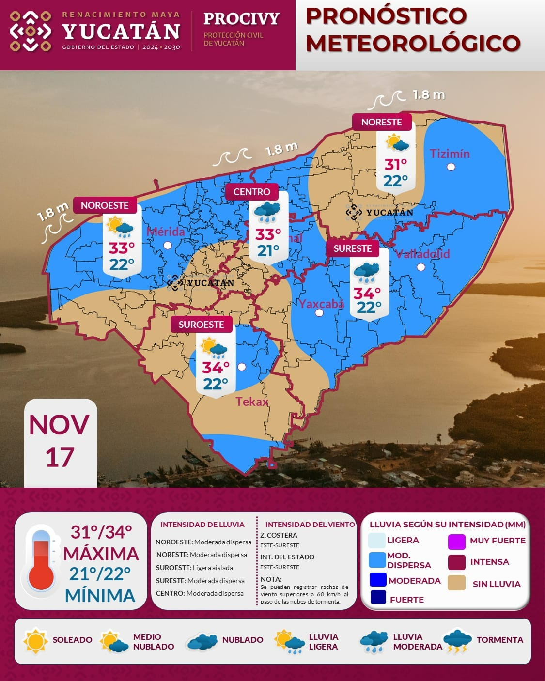 Clima hoy: Prevén lluvias aisladas y ambiente cálido en Yucatán este 17 de noviembre