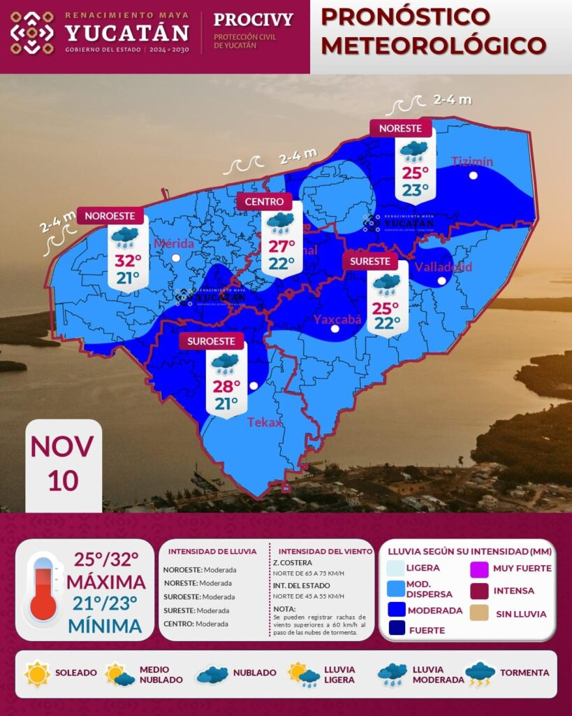 Frente Frío No. 13 provoca viento fuerte y lluvias en Yucatán este lunes