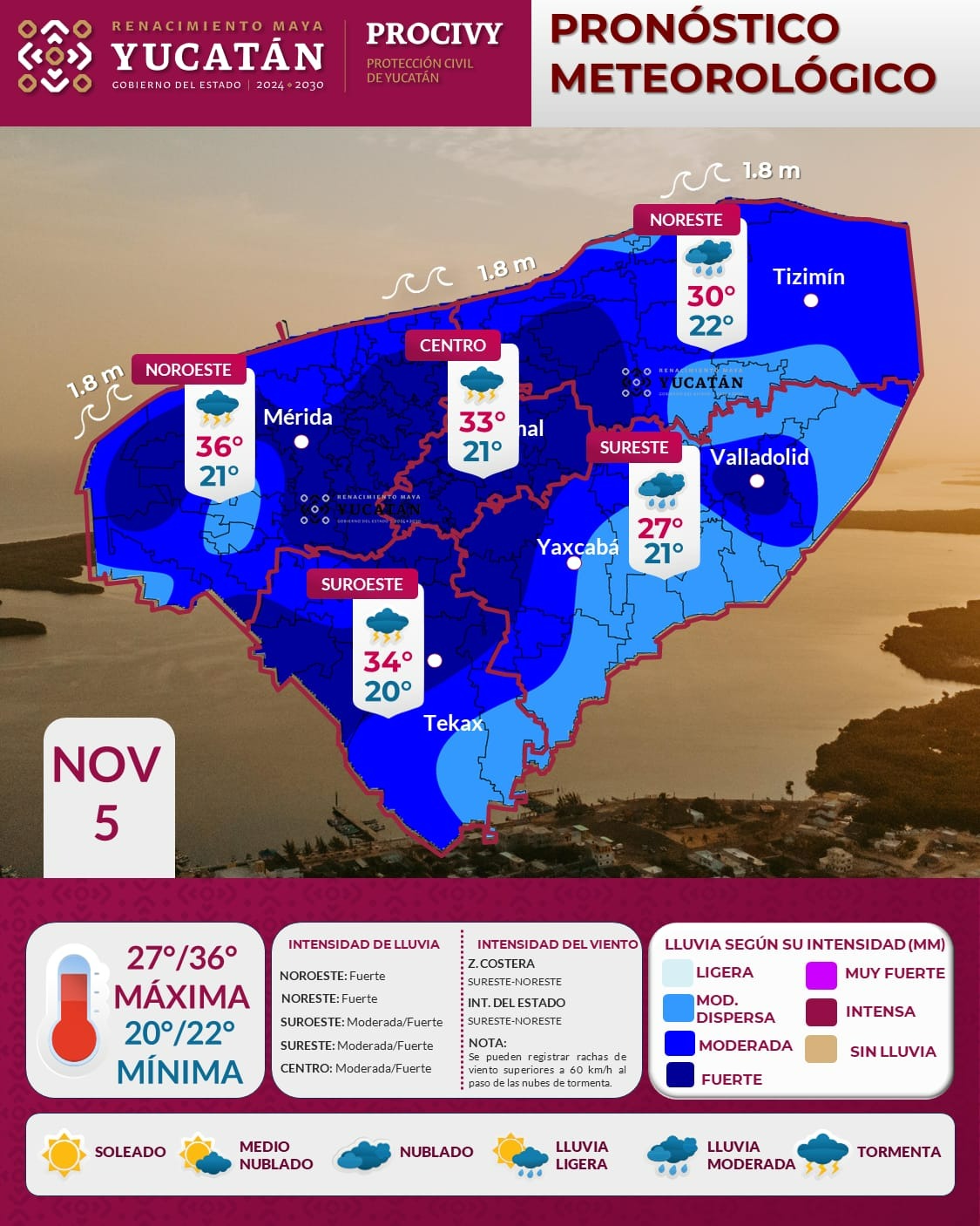Clima hoy: Alertan por lluvias fuertes en Yucatán este 5 de noviembre