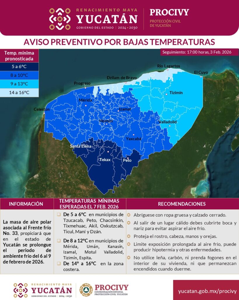 Frente Frío 33 traerá temperaturas inferiores a 7 grados en Yucatán
