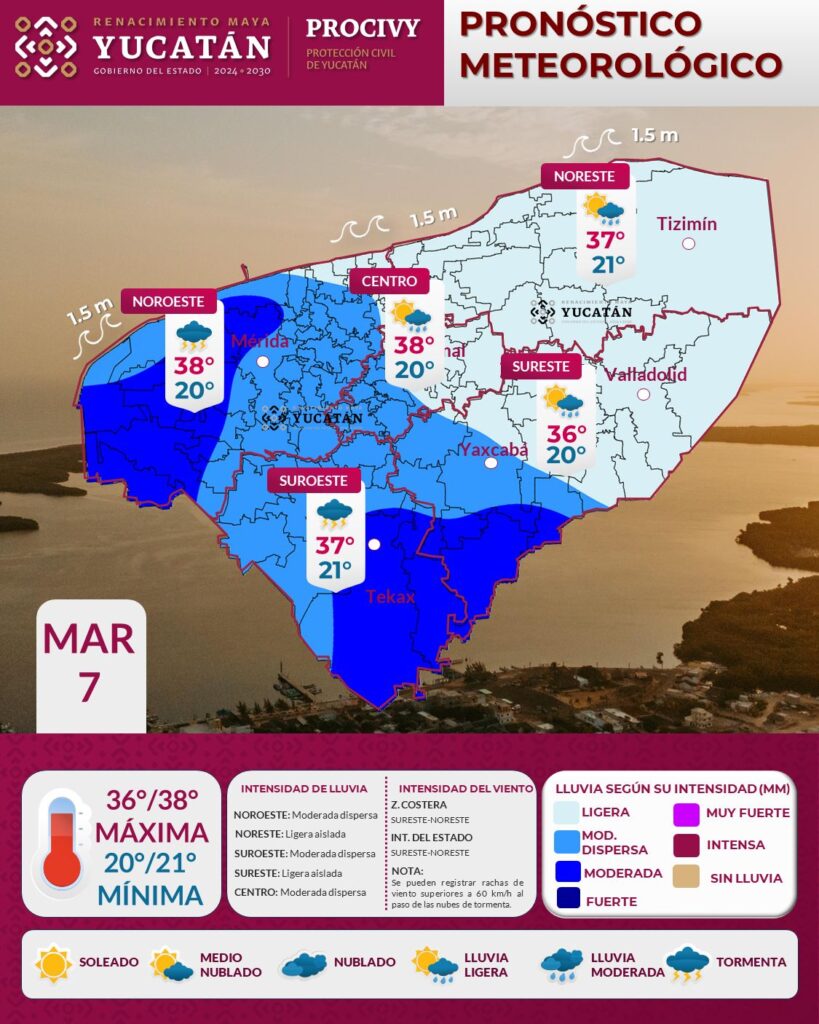 Pronóstico Yucatán: lluvias ligeras y moderadas