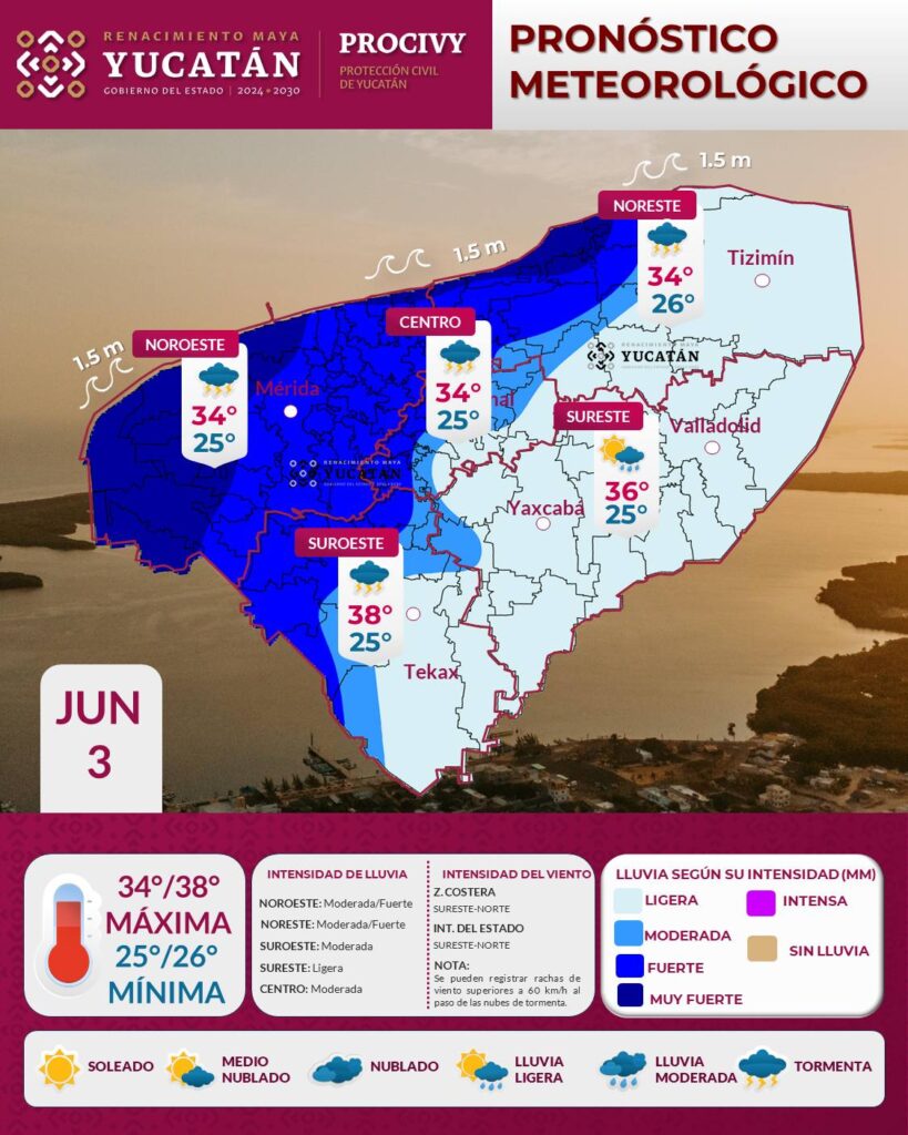 Pronóstico Yucatán: lluvias y actividad eléctrica