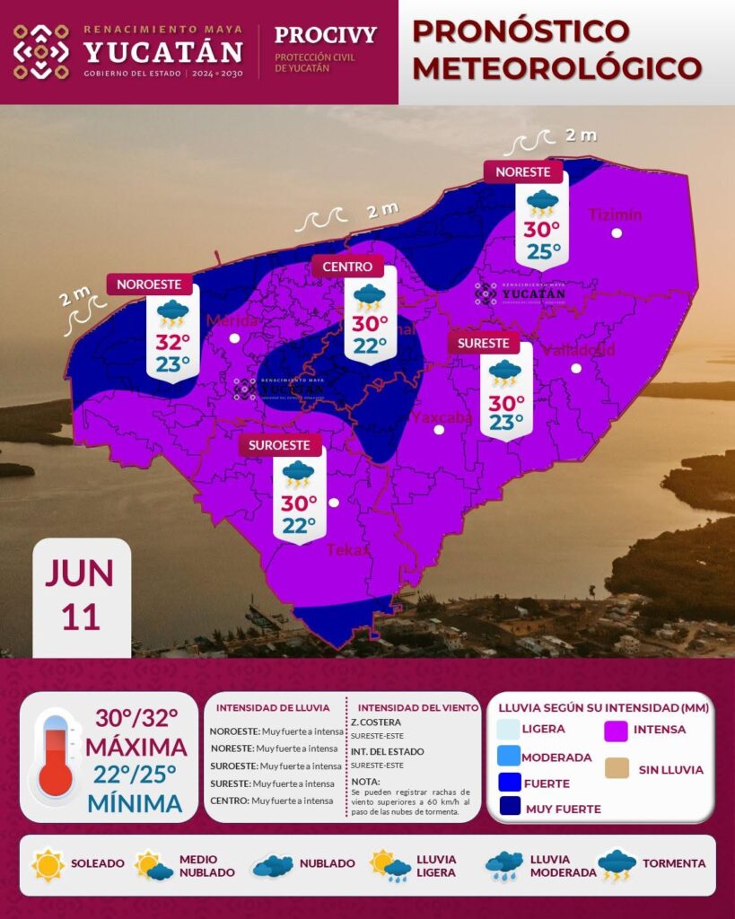 Pronóstico Yucatán: lluvias fuertes y actividad eléctrica