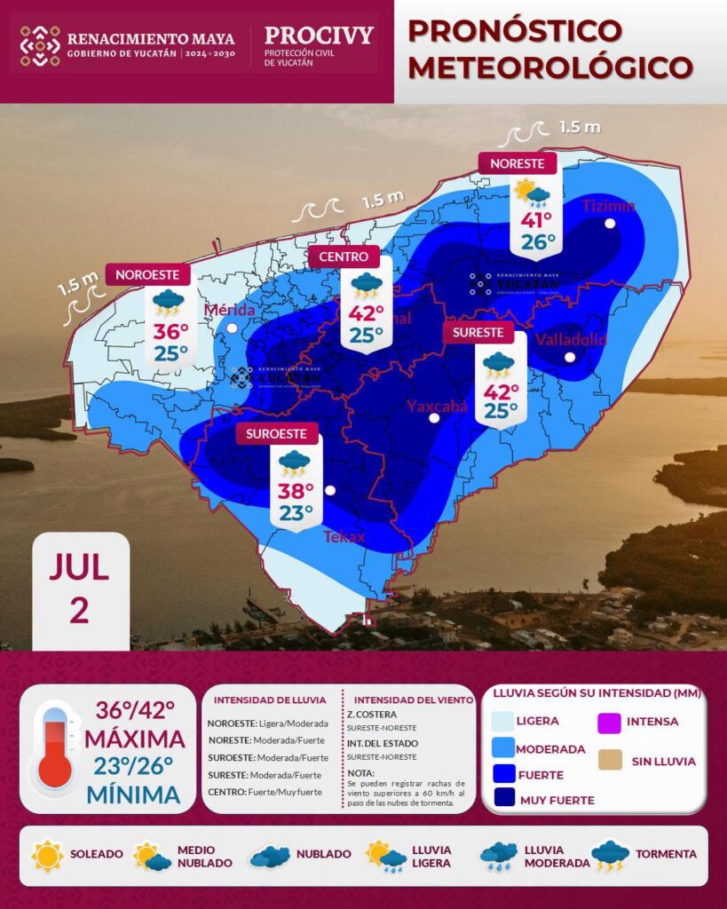 Pronóstico Yucatán: lluvia vespertina y calor