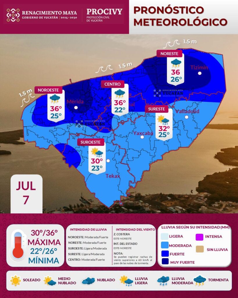 Pronóstico Yucatán: lluvias de intensidad moderada a fuerte