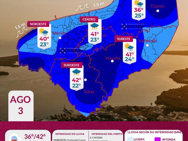 Pronóstico Yucatán: lluvia fuerte y calor